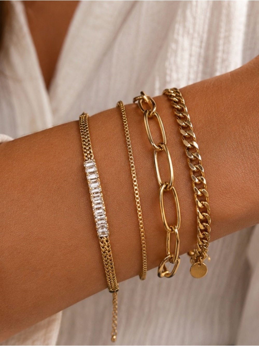 18k Gold Plated Water Proof, Tarnish Free Chain Bracelet Set with Coin Charm